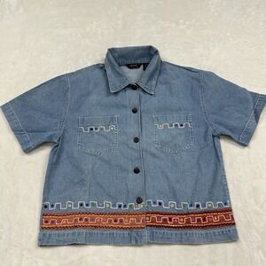 Agapo Denim Button Up Shirt Womens P/L Blue Embroidered Short Sleeve Cotton